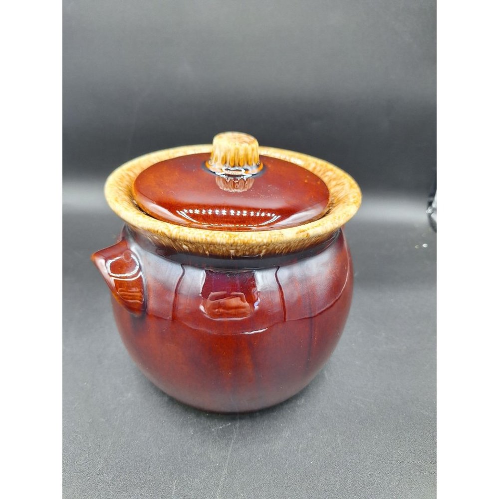 VINTAGE HULL POTTERY BROWN DRIP BEAN POT COOKIE JAR CROCK W/ LID OVEN PROOF USA
